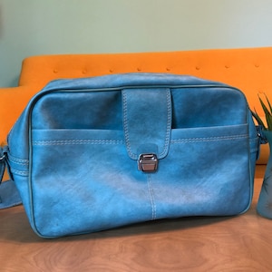 Vintage 1970’s Blue Luggage Bag Suitcase Carry on Overnight Strap travel retro