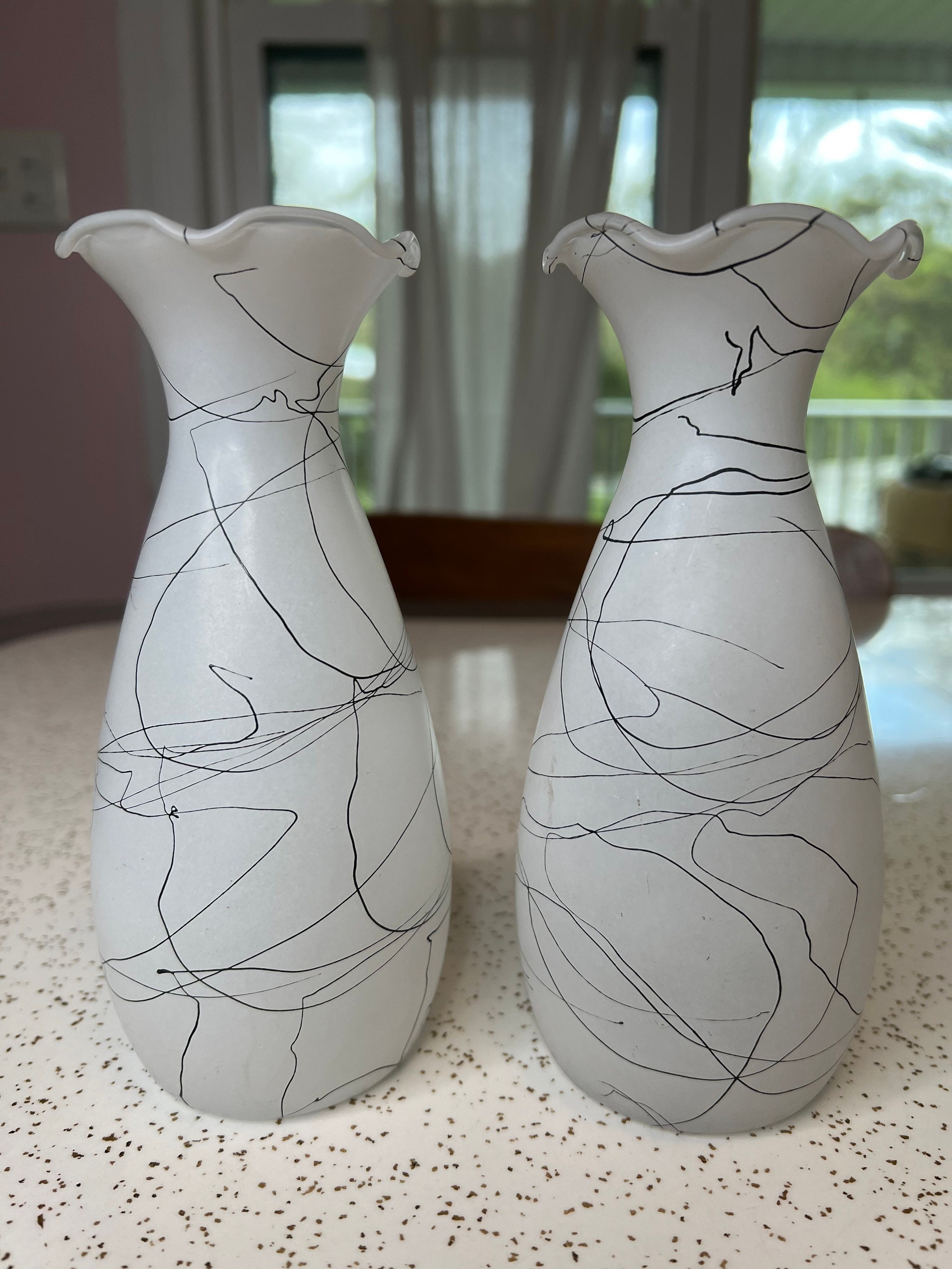 Vintage White Gloss Frosted Blown Glass Vase Hand Painted Floral Motif