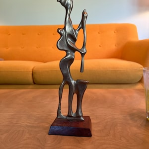 Vintage Brass Statue Figurine African Woman Lady Drums wooden base