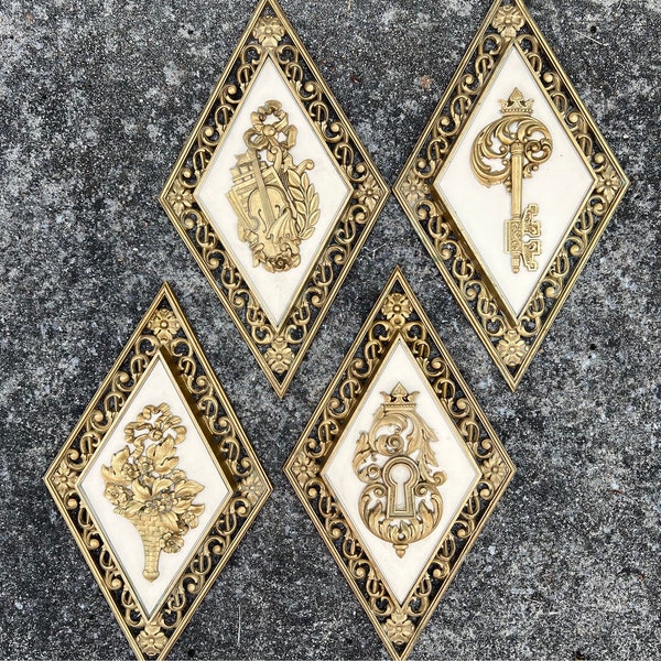 Set 4 Vintage 1971 Homco Gold and Ivory Wall Hangings Plaques Diamond Fancy Ornate Hollywood Regency Wall Hangings