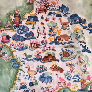 Vintage fabric Polyester Country cottage scene pink green feminine cottagecore retro