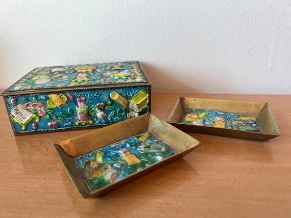 Vintage Trio of Enamel over copper cigarette box … - image 1