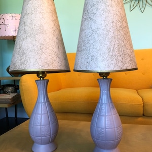 Pair of Vintage Mid Century Modern Purple Lamps with Shades Retro Atomic Decor old