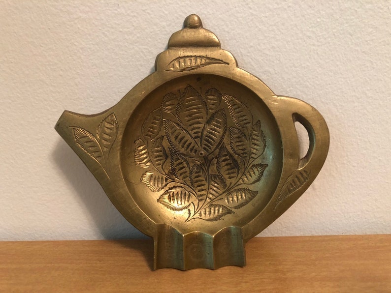 Vintage brass teapot ashtray made in india ornate etched