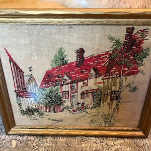 Vintage framed stamped burlap or monkscloth picture English picture artwork old 16.5”x20”