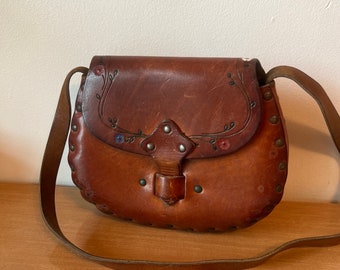 Small Vintage Leather Handmade Saddle bag purse handbag old floral