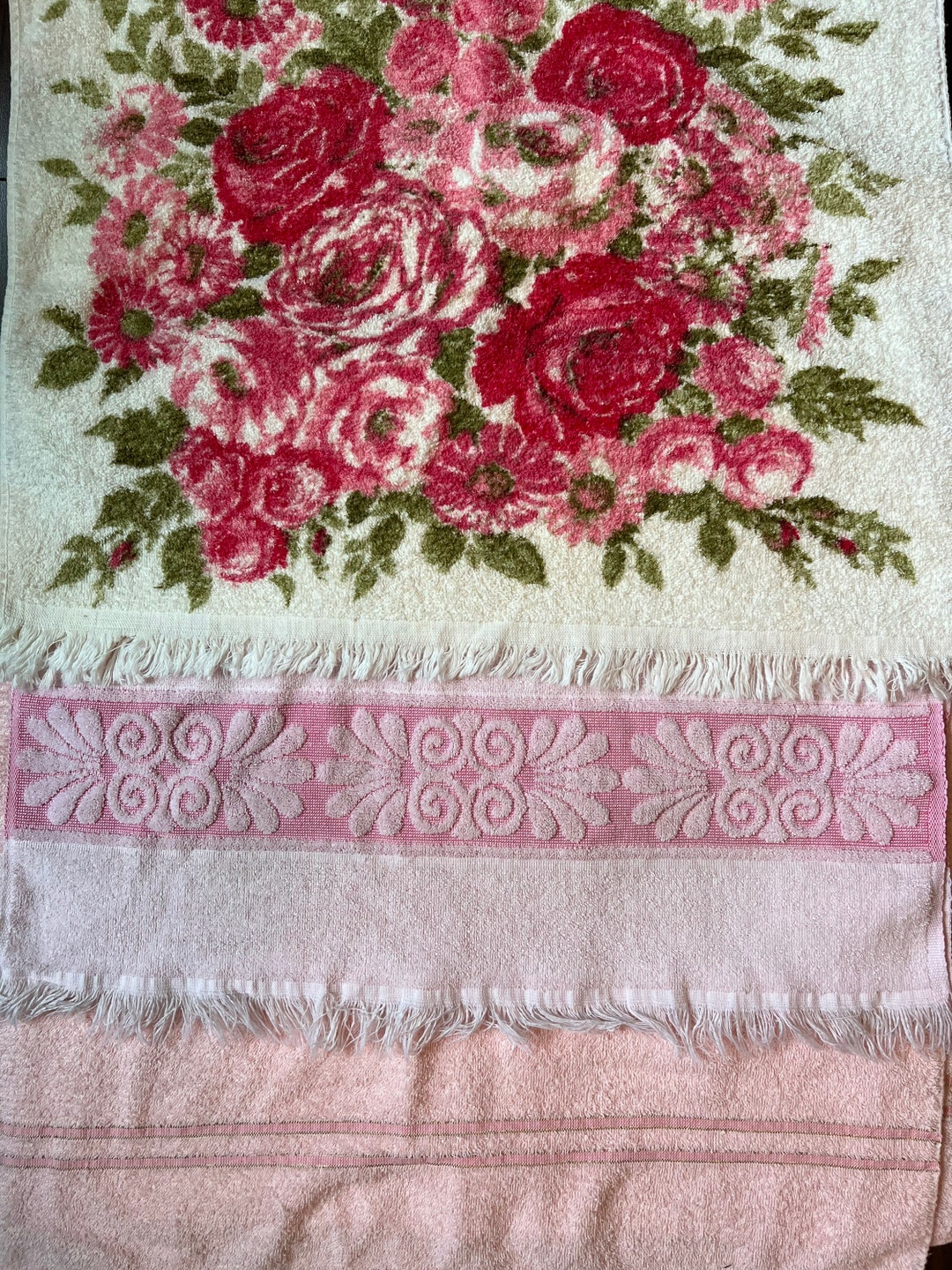 3 Vintage 1970's Bath Towels Retro Cotton Pink & Red Flowers Floral ...