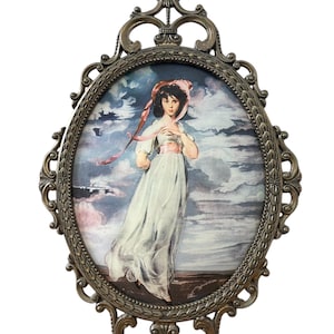 Vintage framed Florentine Pinkie girl wall hanging decor metal frame