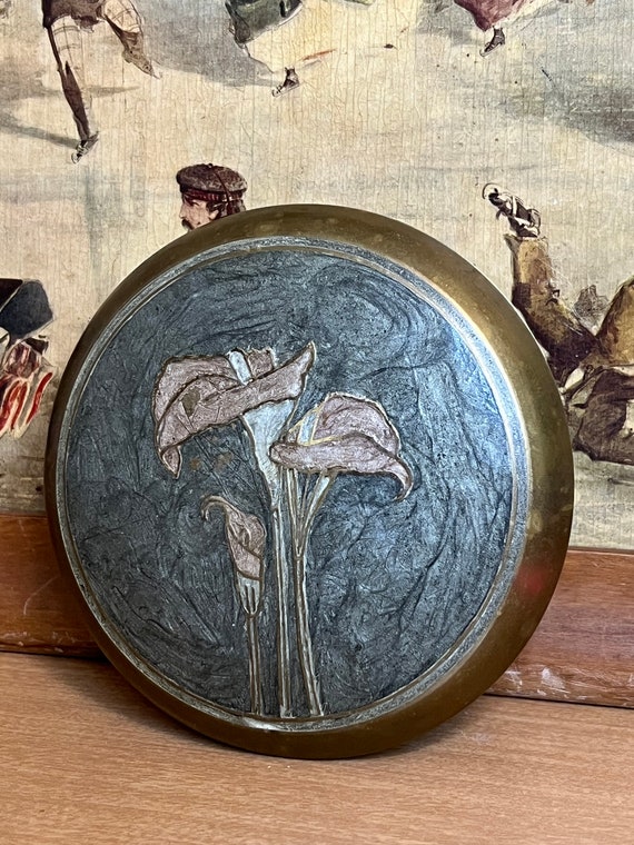Vintage Brass Trinket Dish with Enameled Iris’ gor
