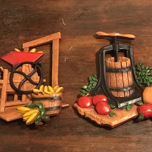 Vintage Metal 1978 Homco Wall Hanging Pair Farmhouse Corn Sheller Churcn Apples Whiskey Jug Farm Decor Cabin Country