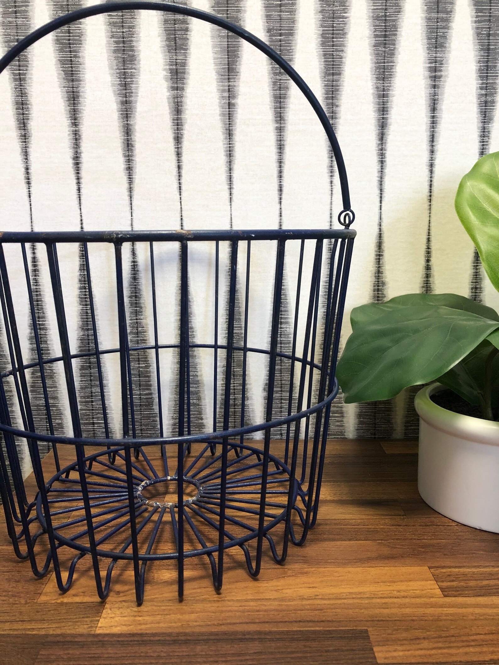 Vintage Navy Wire Basket With Handle Farmhouse Decor Storage Etsy