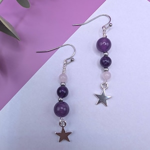 Amethyst & Rose Quartz Star Earrings, Purple Gemstone Dangle Earrings, Celestial Jewelry, Silver Look, Handmade Gift for Her