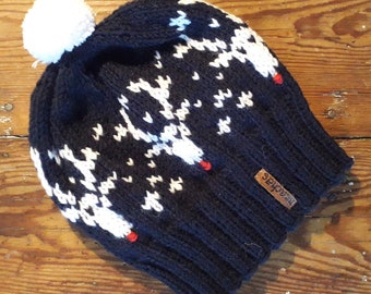 Knit reindeer, hat Winter, Hats with Deer (Rudolph), Design and Small Pom Pom, Reinder motif hat, Unisex, Christmas clothes