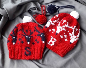 Knit hats reindeer, red hat winter, hats with deer (Rudolph), with pom pom, reindeer motif hat, Christmas hats,Persobalized