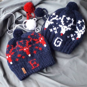 Knit hats reindeer, blue hat Winter,  With Deer (Rudolph), With Pom Pom, Reindeer motif ,knit  personalized