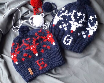 Knit hats reindeer, blue hat Winter,  With Deer (Rudolph), With Pom Pom, Reindeer motif ,knit  personalized