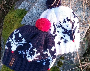 Knit hats reindeer, white hat Winter, Hats with Deer (Rudolph), With Pom Pom, Reinder motif hat