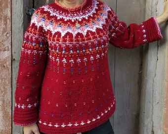 Hand Knitted Fair Isle, Norwegian Style Designed Burgundy Sweater, Ready to Ship