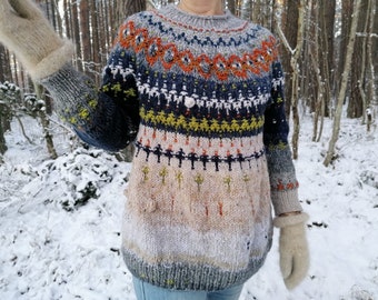 Hand knitted Fair Isle, Norwegian Style Patterned Off Gray Sweater , Ready to Ship, Women Sweater, Colourful Sweater,Lopapeysa Wool Sweater