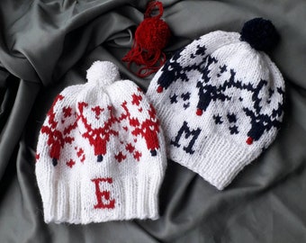 Knit hats reindeer, white hat Winter, Hats with Deer (Rudolph), With Pom Pom, Reindeer motif hat