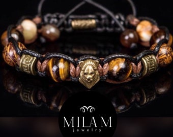 Bracelet lion avec de vraies pierres précieuses - oeil de tigre, jaspe exclusif, onyx, perles de métal bronze. Cadeau pour Lion. Porte-bonheur homme talisman