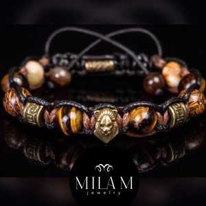 Lion bracelet with real gemstones - tiger's eye, exclusive jasper, onyx, bronze metal beads.  Gift for Lion. Good luck talisman man