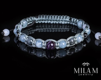 Mens bracelet Amethyst Aquamarine Moonstone Gems Gray Cord / Gift for boyfriend. Mala Men's bracelet beaded - Stone 8, 6 mm beads.