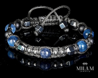 Blue sapphire bracelet men, Minimalist men's bracelet with precious stones - kyanite, hematite. Gifts for man protection success Jewelry
