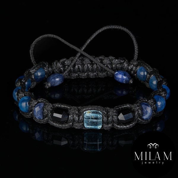 Premium men's bracelet. Blue topaz, black tourmaline, kyanite and sodalite. Adjustable bracelet for men.