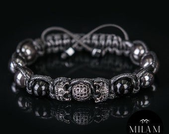 Black Mens bracelet Crown Cz Diamond jewelry onyx, Hematite Black Elegant hand braided bracelet 10 mm beads