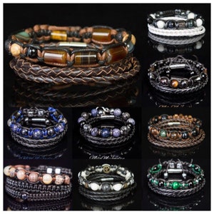 May include: A collage of nine images showcasing various leather wrap bracelets with different gemstone beads. Each bracelet features a black leather wrap with a magnetic clasp. The gemstones include tiger's eye, agate, lapis lazuli, obsidian, and more.