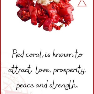 May include: Red coral, known to attract love, prosperity, peace and strength. Red coral is a popular gemstone used in jewelry and meditation.