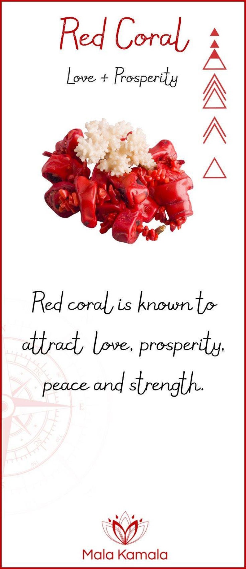 May include: Red coral, known to attract love, prosperity, peace and strength. Red coral is a popular gemstone used in jewelry and meditation.