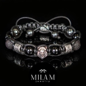Lion bracelet men - black stones and silver metal beads. Black onyx  lava beads, hematite gemstones. Christmas gift for him