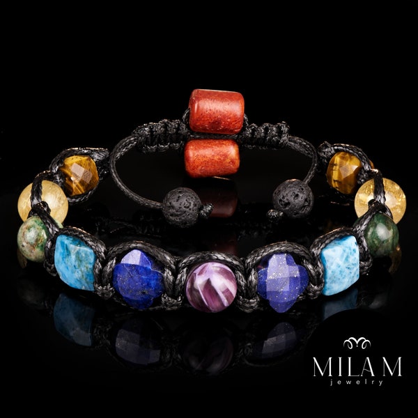 Bracelet chakra, 7 vraies pierres de lux • Corail rouge • Lépidolite • Citrine • Fuchsite • Feuilles de lapis-lazuli pour la chance • Perle plate en apatite