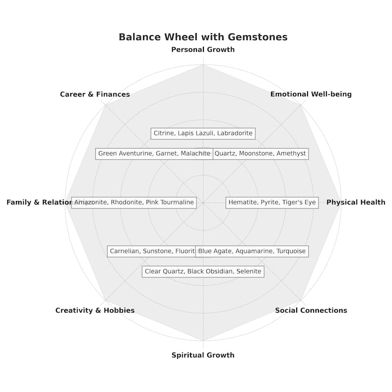 May include: A gray balance wheel with gemstones representing different aspects of life, including career, finances, emotional well-being, physical health, family, relationships, creativity, hobbies, social connections, and spiritual growth. The gemstones are listed around the wheel.