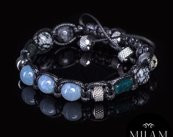 Protection Men's bracelet Aquamarine • Stainless steel • Snowflake Obsidian • Apatite • Adjustable men's bracelet Woven jewelry.