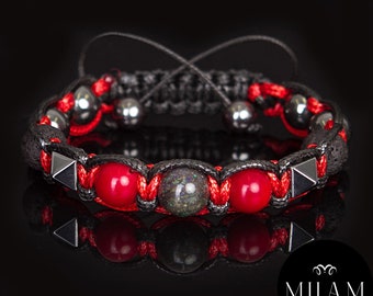 Prosperity bracelet men gift for him. Natural Black opal, Red Coral, lava, hematite men&#39;s bracelet cord.