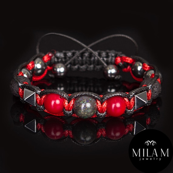 Prosperity bracelet men gift for him. Natural Black opal, Red Coral, lava, hematite men's bracelet cord.