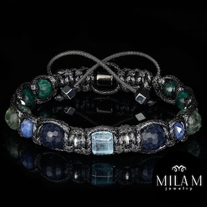 Mens Braided Black Cord Bracelet with Cube Blue Topaz, Natural Sapphire, Seraphinite, Emerald Fuchsite • Prosperity Manifest Wealth Success