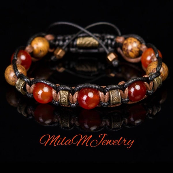 Energy bracelet men • Carnelian bracelet and bronze metal beads Gift for him, protection bracelet, financial well being stones