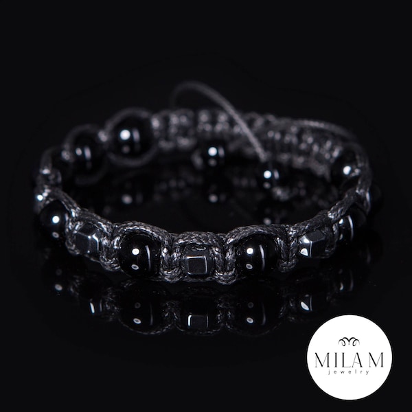 Black mens Shambala bracelet with hematite and black onyx. Provides protection against negativity. Handmade bracelets great gifts for him