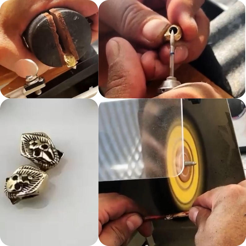 May include: Close-up of a person using a rotary tool to shape a small, gold-colored metal piece. The piece has a detailed design and appears to be a decorative element.