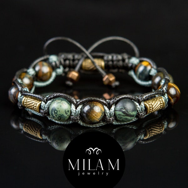 Men's bracelet "Spiritual Fortune" featuring Tiger's Eye, Rhyolite Bronze, and a metallic bead.