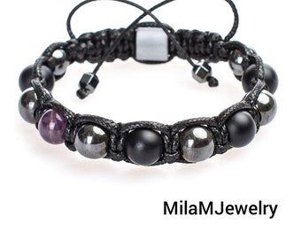 Bracelet homme améthyste 10 mm, onyx noir, hématite. Bracelet en perles noires pour homme Cadeau pour mari