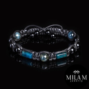 Herenarmband kraal blauw tijgeroog (haviksoogsteen) Apatiet zwarte toermalijn edelsteenarmband Exclusieve succesmotivatie herenarmband.