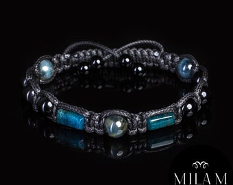 Bracelet homme perle oeil de tigre bleu (pierre oeil de faucon) Bracelet pierre gemme apatite tourmaline noire Exclusif Bracelet homme Success Motivation.