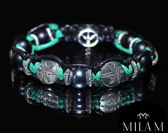 Marijuana bracelet men.  Green black hemp bracelet, gemstones, metal peace sign.  Anniversary handmade gift