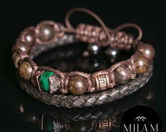 Mens bracelet Made of malachite and bronzite Beading with copper beads • Handmade and weaving for a unique look