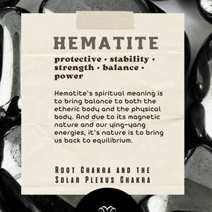 May include: Close-up of several smooth, black hematite stones. The stones are arranged in a pile and have a metallic sheen. The text "HEMATITE" is written in white on a beige background, along with information about the stone's properties and chakra associations. The text "MILAM jewelry" is written in white on a black circle.